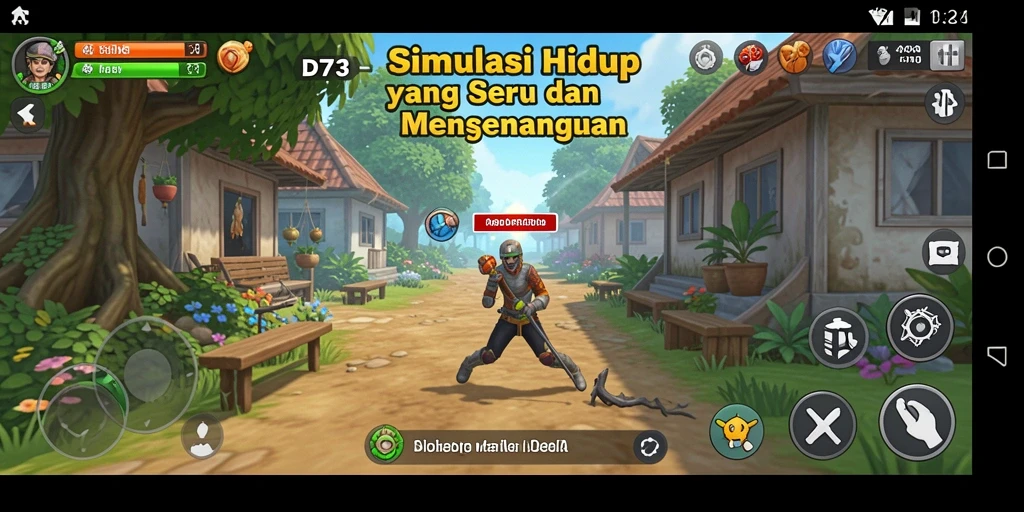 Screenshot D73 menampilkan karakter dalam aksi simulasi kehidupan.