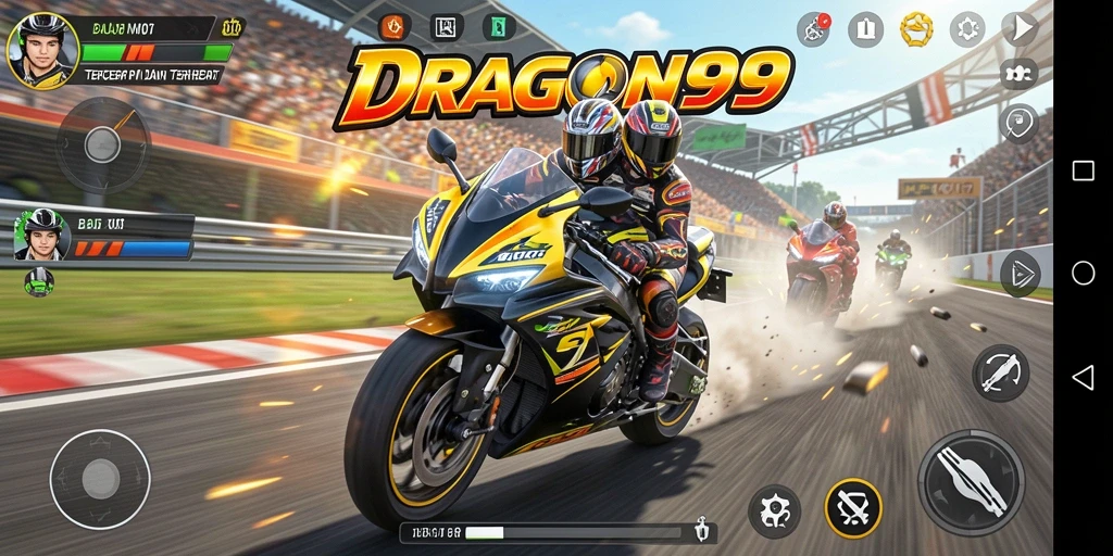 Tampilan gameplay menegangkan di sirkuit balap DRAGON99.