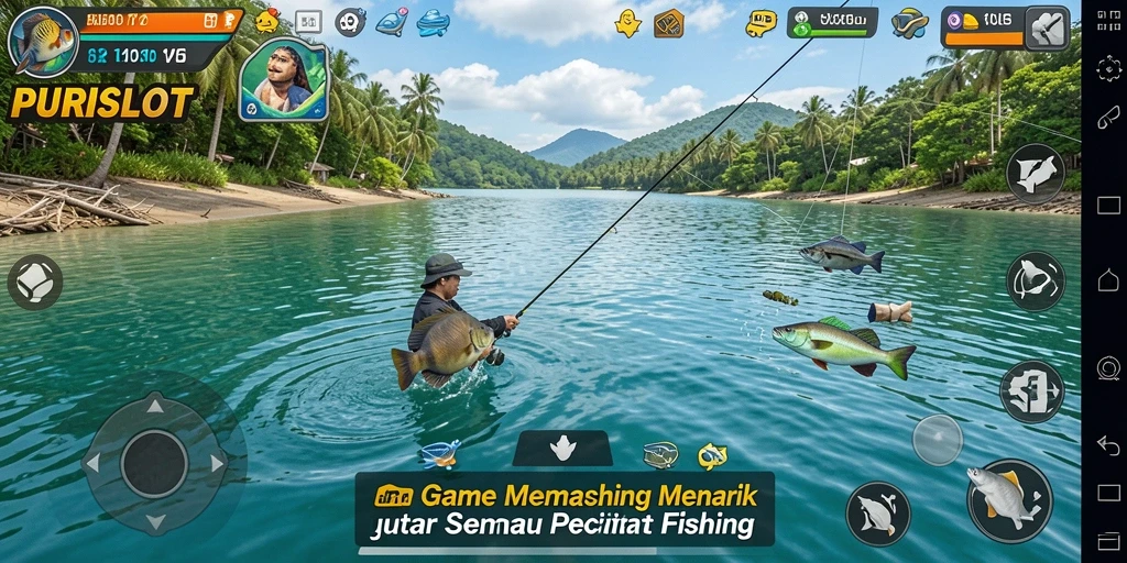 Screenshot gameplay PURISLOT menampilkan aksi memancing yang seru dan penuh warna.
