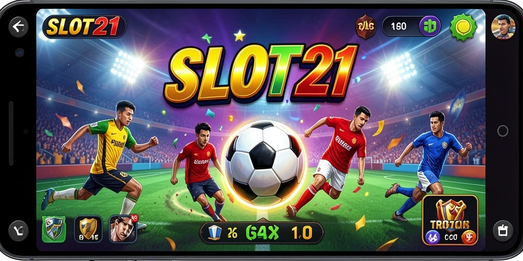 Tampilan gameplay SLOT21 yang memukau dengan tema sepak bola.