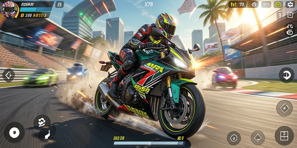 Screenshot gameplay X78 menampilkan aksi balapan motor yang mendebarkan.